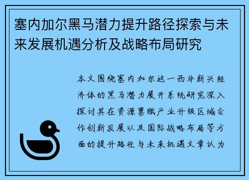 塞内加尔黑马潜力提升路径探索与未来发展机遇分析及战略布局研究